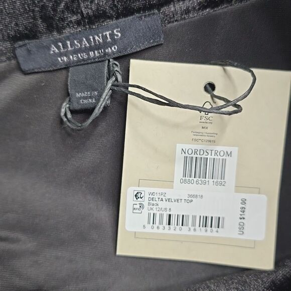1266 NWT ALLSAINTS Delta Velvet Top Black US8 - Picture 6 of 8